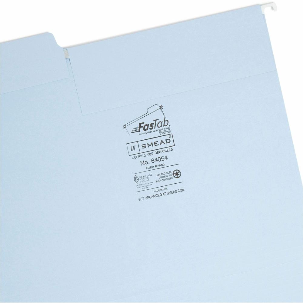 Smead FasTab 1/3 Tab Cut Letter Recycled Hanging Folder - 8 1/2" x 11" - Top Tab Location - Assorted Position Tab Position - Camel, Lake Blue, Moss - 10% Recycled - 18 / Box. Picture 7