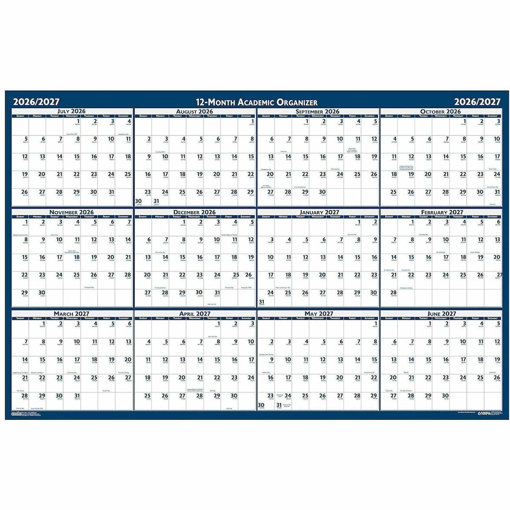 House of Doolittle Academic July-June Wall Calendar - Julian Dates - Yearly - 1 Year - July 2026 to June 2027 - 24" x 37" Sheet Size - 1.13" x 1.63" , 1.25" x 1.38" Block - Blue, Gray - Paper - 1 Each. Picture 6