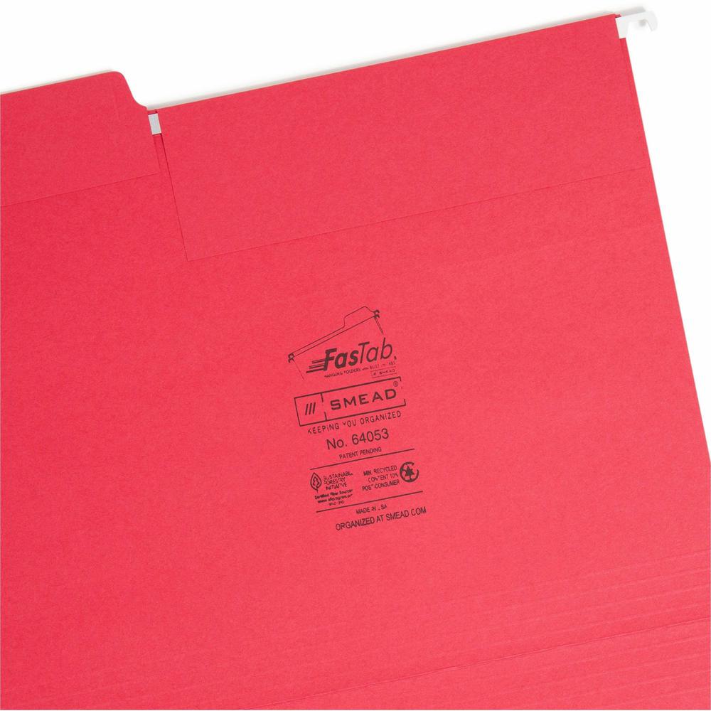Smead FasTab 1/3 Tab Cut Letter Recycled Hanging Folder - 8 1/2" x 11" - Top Tab Location - Assorted Position Tab Position - Blue, Green, Red - 10% Recycled - 18 / Box. Picture 7