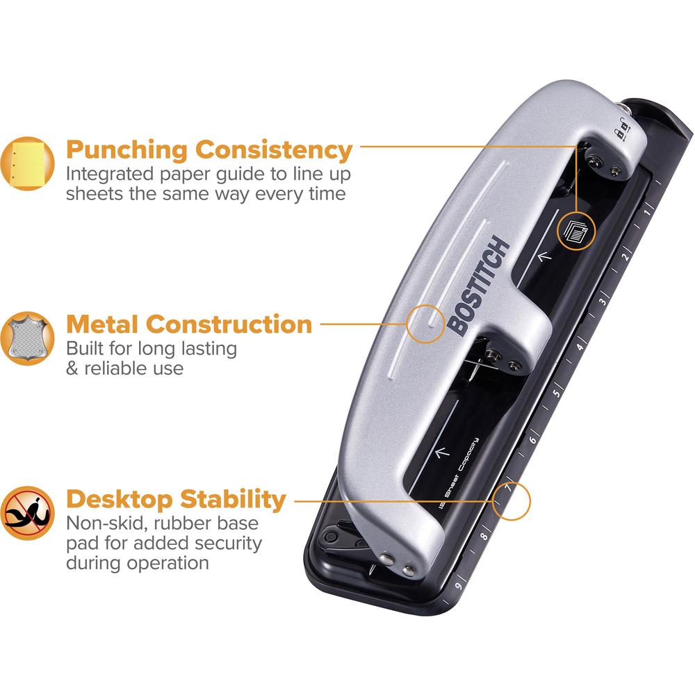 Bostitch EZ Squeeze&trade; 12 Three-Hole Punch - 3 Punch Head(s) - 12 Sheet - 9/32" Punch Size - 3" Width x 1.6" Height - Black, Silver. Picture 7