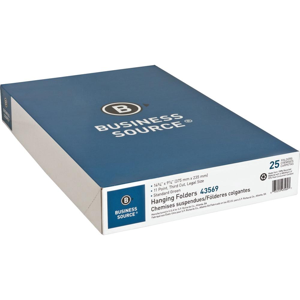 Business Source 1/3 Tab Cut Legal Recycled Hanging Folder - 8 1/2" x 14" - 11 pt. - Poly - Green - 100% Recycled - 25 / Box. Picture 2
