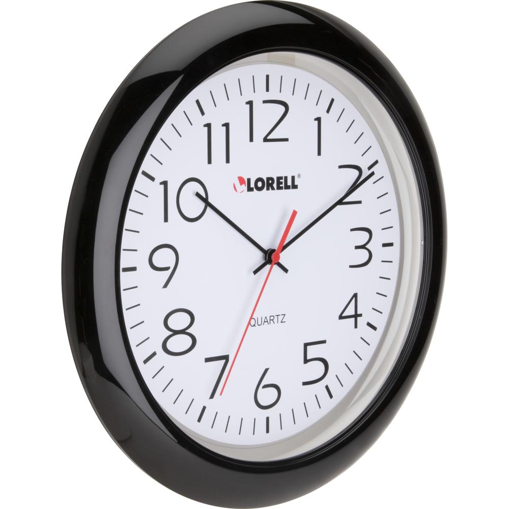 Lorell 13-1/4" Round Wall Clock - Analog - Quartz - White Main Dial - Black Case - Plastic. Picture 2