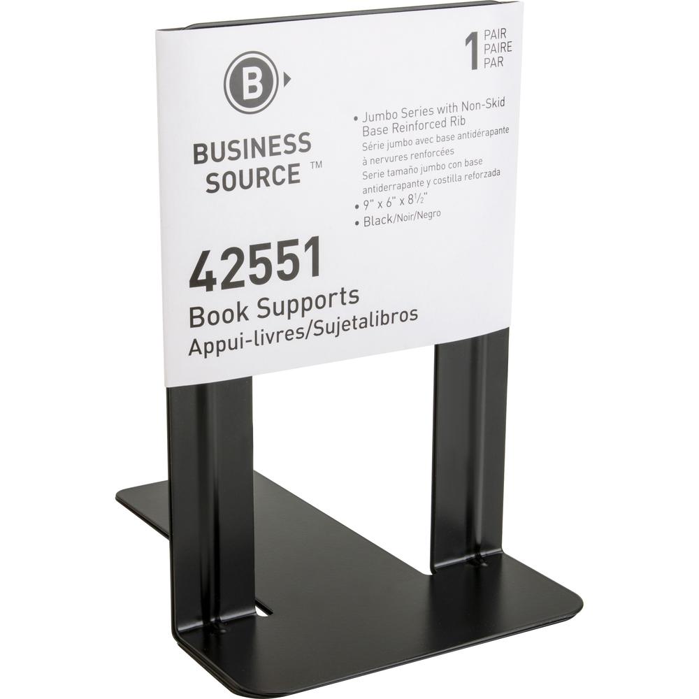 Business Source Heavy-gauge Steel Book Supports - 8.50" Height x 9" Width x 6" Depth - Desktop - Non-skid Base, Scratch Resistant, Stain Resistant - Enamel - Black - Steel - 1 Pair. Picture 5