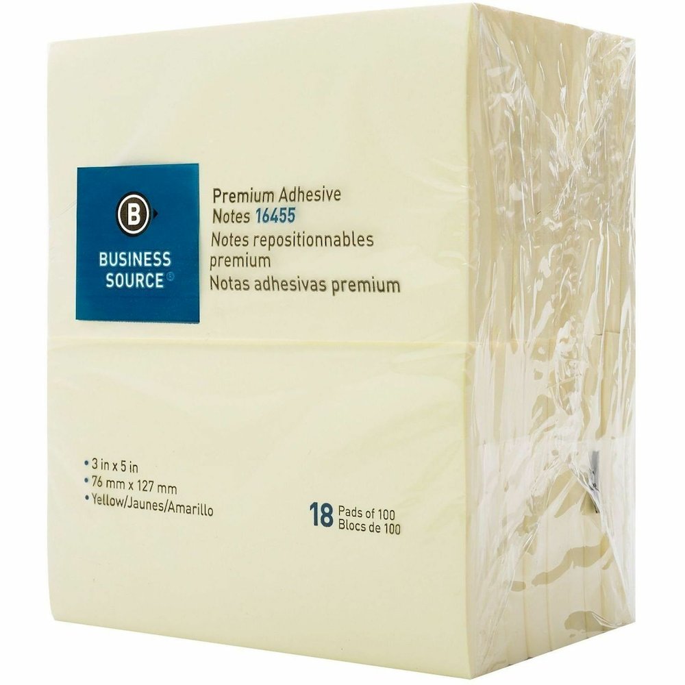 Business Source Repositionable Notes - 3" Flag/Note Width x 5" Flag/Note Length - Rectangle - Yellow - Repositionable, Solvent-free Adhesive - 18 / Pack. Picture 10