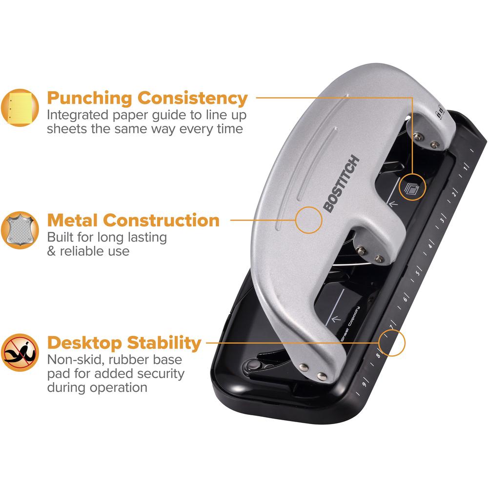 Bostitch EZ Squeeze&trade; 20 Three-Hole Punch - 3 Punch Head(s) - 20 Sheet - 9/32" Punch Size - 4.4" x 2" - Black, Silver. Picture 8
