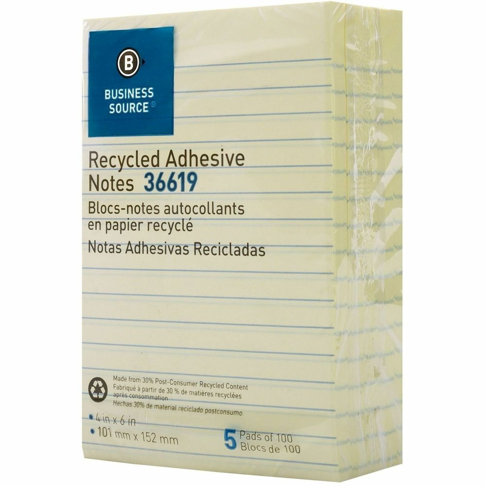 Business Source Yellow Adhesive Notes - 4" Flag/Note Width x 6" Flag/Note Length - Rectangle - Ruled - Yellow - Self-adhesive, Removable - Recycled - 5 / Pack. Picture 11