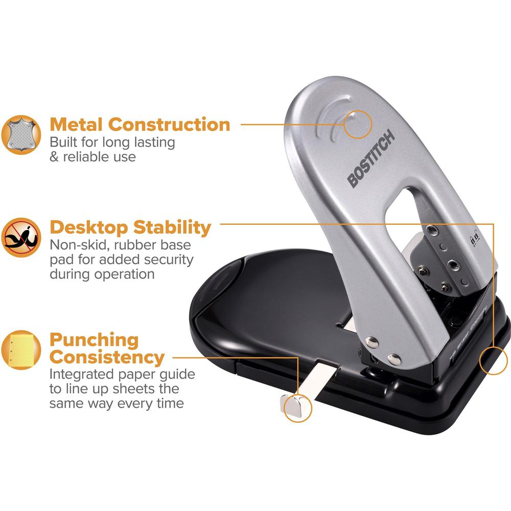 Bostitch EZ Squeeze&trade; 40 Two-Hole Punch - 2 Punch Head(s) - 40 Sheet - 9/32" Punch Size - 6.5" x 2.8" - Black, Silver. Picture 3
