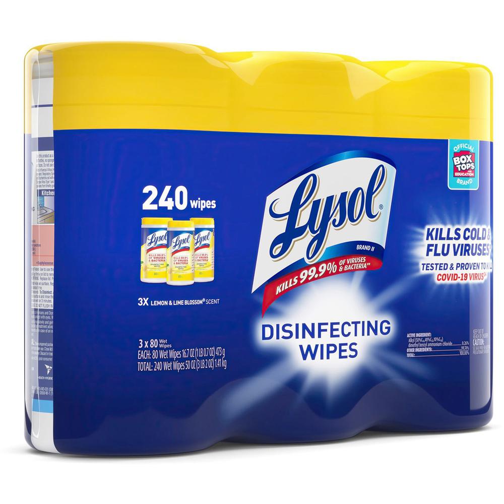 Lysol Lemon/Lime Disinfecting Wipes - For Multi Surface, Multipurpose - Lemon, Lime Blossom Scent - 80 / Canister - 3 / Pack - Pre-moistened, Deodorize, Disinfectant, Anti-bacterial - White. Picture 4
