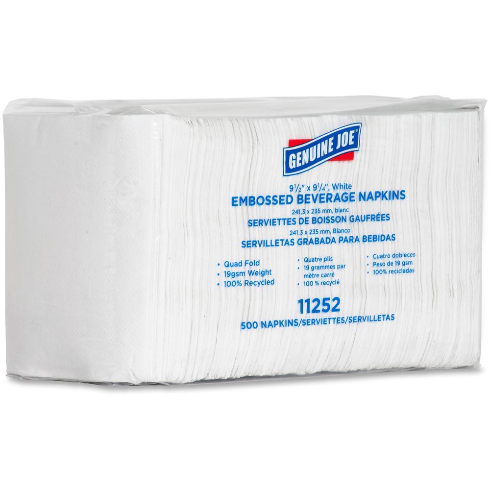 Genuine Joe Quad-fold Square Beverage Napkins - 1 Ply - 1/4 Fold - 9.50" Width x 9.50" Length - White - 500/Pack - 8 / Carton. Picture 6