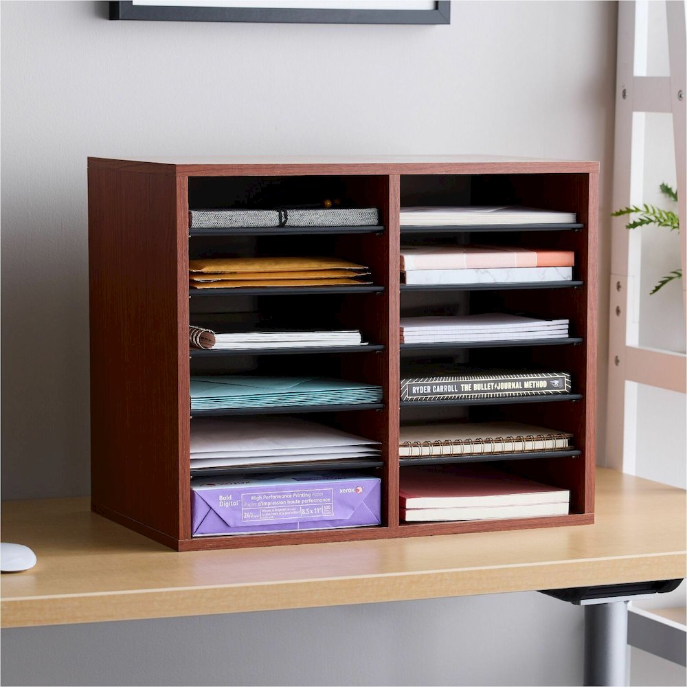 Safco Adjustable 12-Slot Wood Literature Organizer - 12 Compartment(s) - Desktop - Adjustable - Laminate - Cherry - Hardboard, Fiberboard - 1 Each. Picture 12