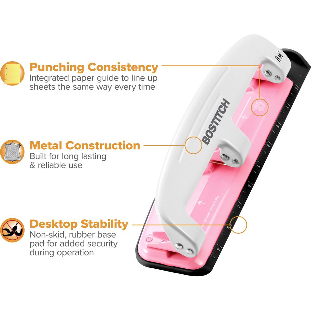 Bostitch EZ Squeeze&trade; InCourage 12 Three-Hole Punch - 3 Punch Head(s) - 12 Sheet - 9/32" Punch Size - Round Shape - 3" x 1.6" - Pink, White. Picture 6