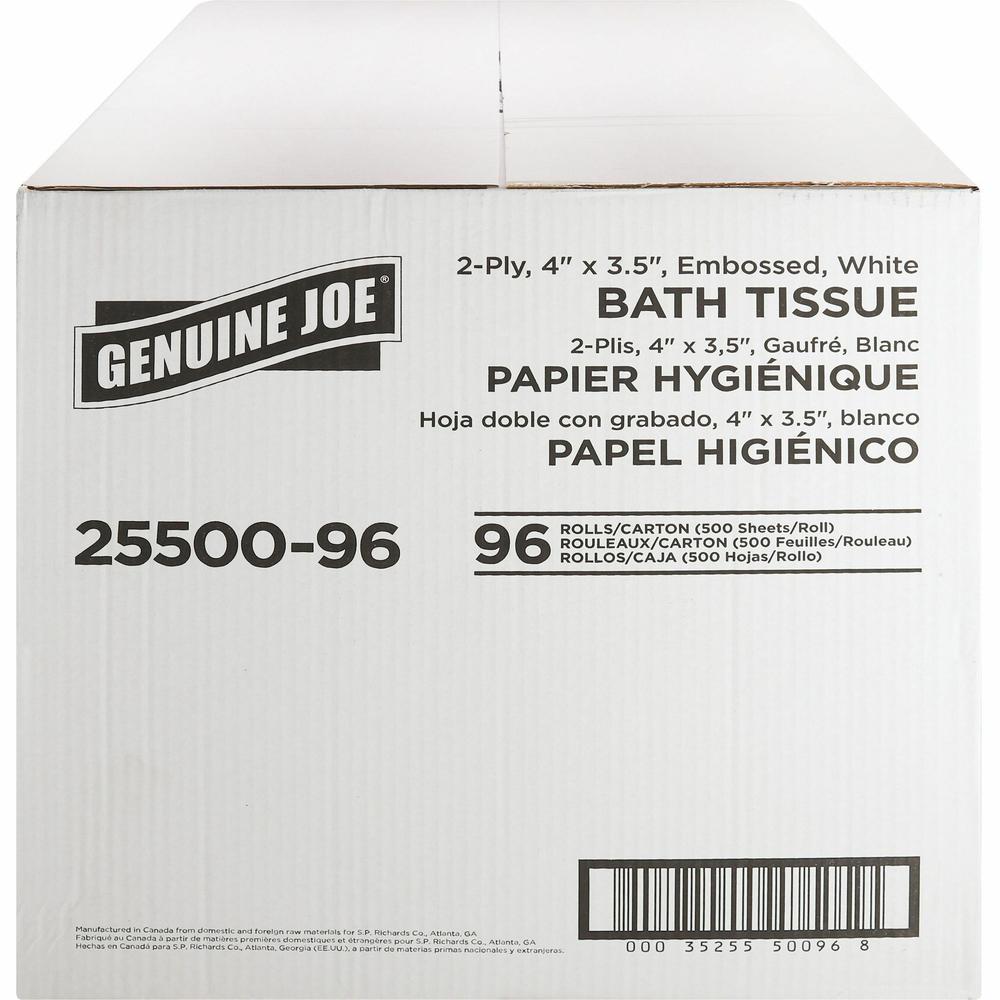 Genuine Joe 2-ply Standard Bath Tissue Rolls - 2 Ply - 4" x 3.20" - 500 Sheets/Roll - 1.63" Core - White - 96 / Carton. Picture 5