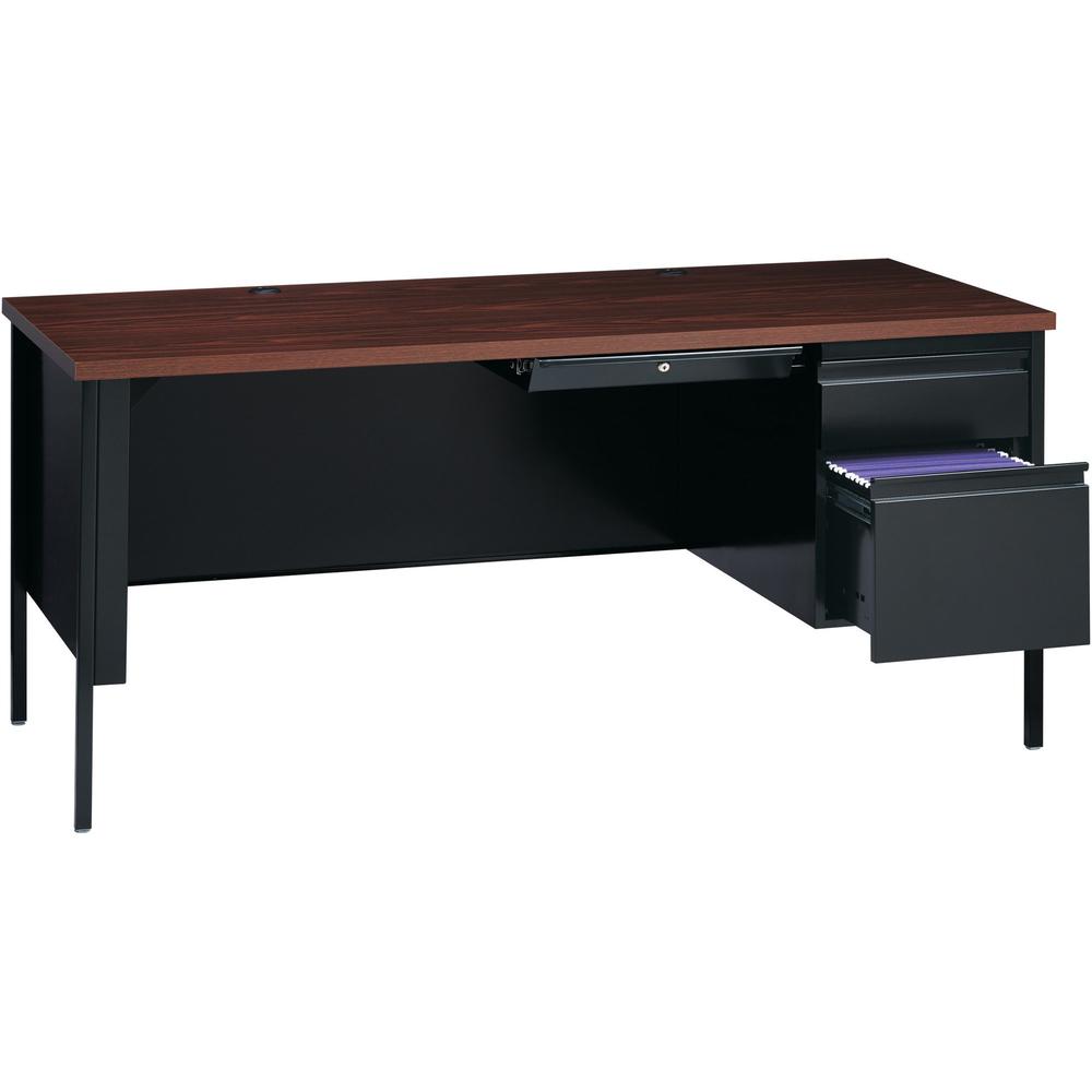 Lorell Fortress Series 66" Right-Pedestal Desk - Laminated Rectangle, Walnut Top - 30" Table Top Length x 66" Table Top Width x 1.13" Table Top Thickness - 29.50" Height x 66" Width x 30" Depth - Busi. Picture 9