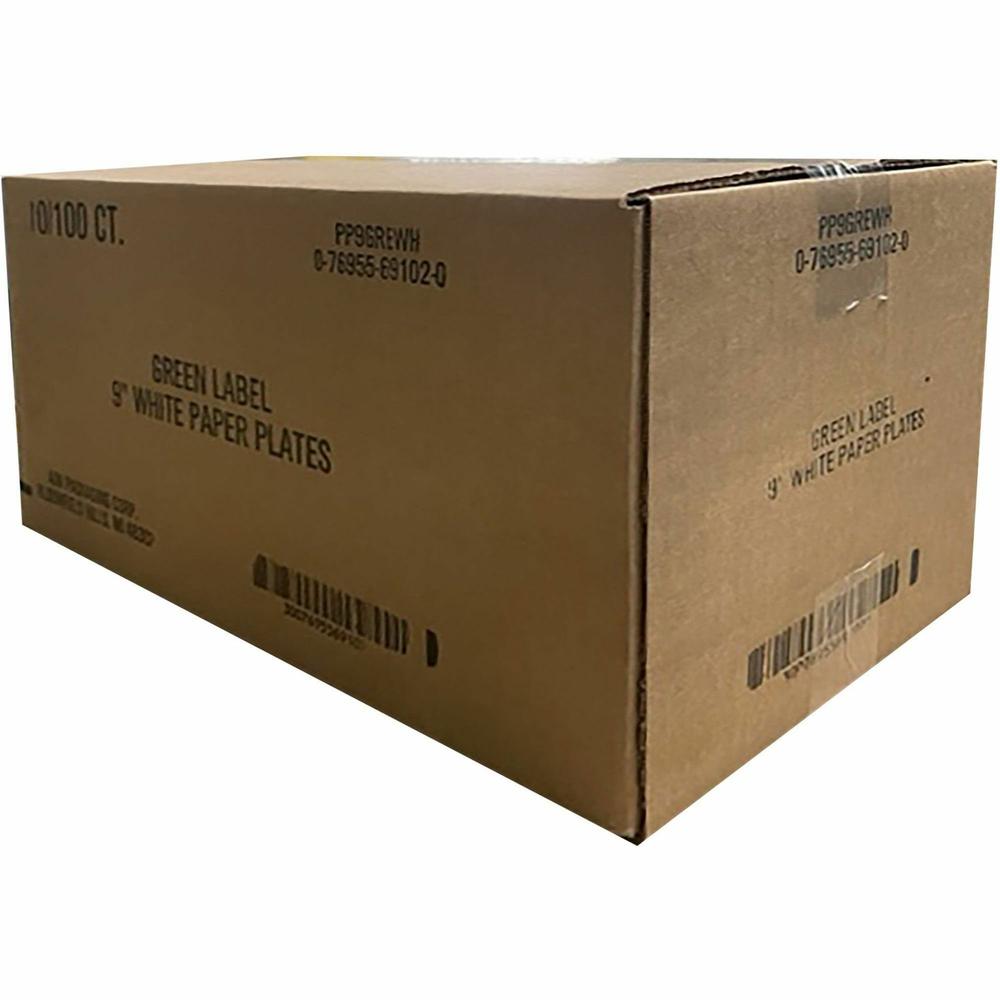 AJM Green Label 9" Economy Paper Plates - 100 / Pack - Microwave Safe - 9" Diameter - White - Paper Body - 10 / Carton. Picture 4