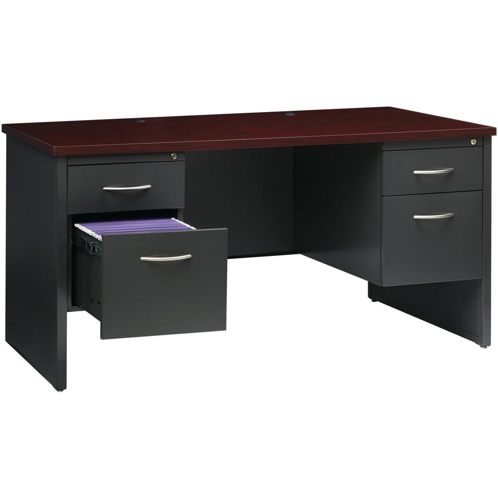 Lorell Fortress Modular Series Double-Pedestal Desk - 60" Width x 30" Depth, x 1.1" Thickness Top - Total Drawer(s): 2 - Double Pedestal - Material: Steel - Finish: Mahogany Laminate, Charcoal - Scrat. Picture 4