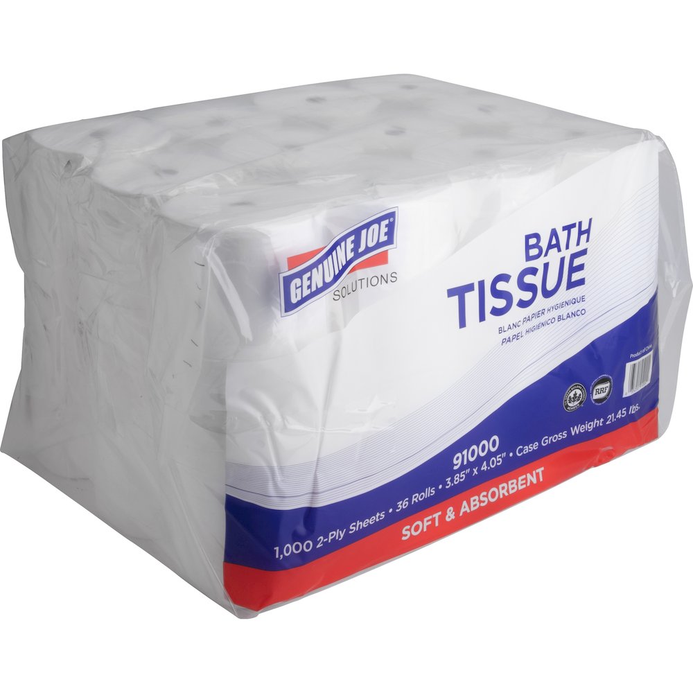 Genuine Joe Solutions Double Capacity Bath Tissue - 2 Ply - 1000 Sheets/Roll - 45/64" Core - White - Virgin Fiber - 36 / Carton. Picture 17