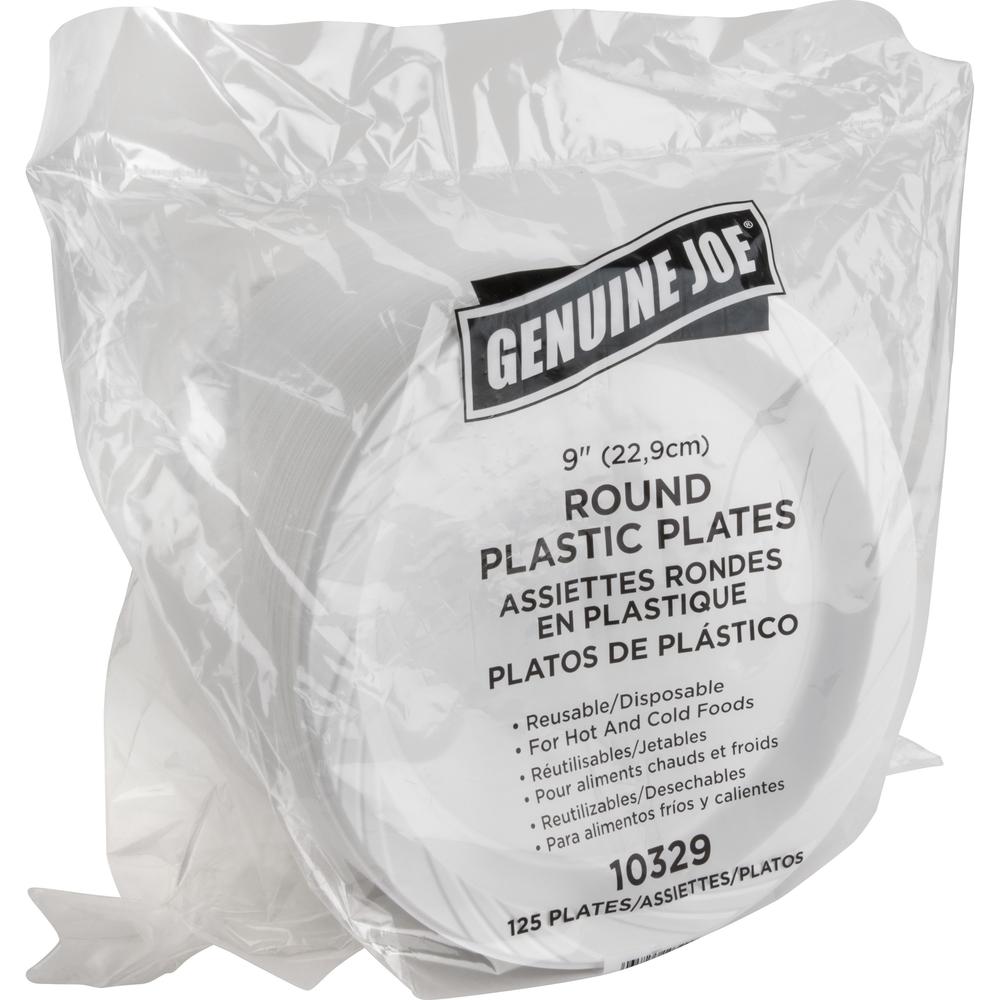 Genuine Joe 9" Reusable Plastic Plates - Serving - Disposable - 9" Diameter - White - Plastic Body - 125/Pack - 4 / Carton. Picture 6