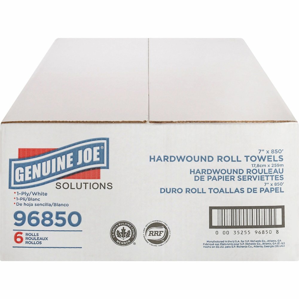 Genuine Joe Solutions Hardwound Paper Towels - 1 Ply - 7" Width x 850 ft Length - White - Virgin Fiber - 6 / Carton. Picture 11