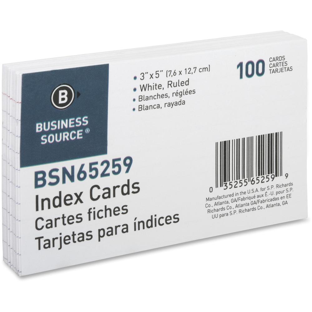 Business Source Ruled Index Cards - Front Ruling Surface - Ruled Front Ruling - 72 lb Basis Weight - 5" x 3" Sheet Size - White Paper - 100/Pack - 10 / Box. Picture 5