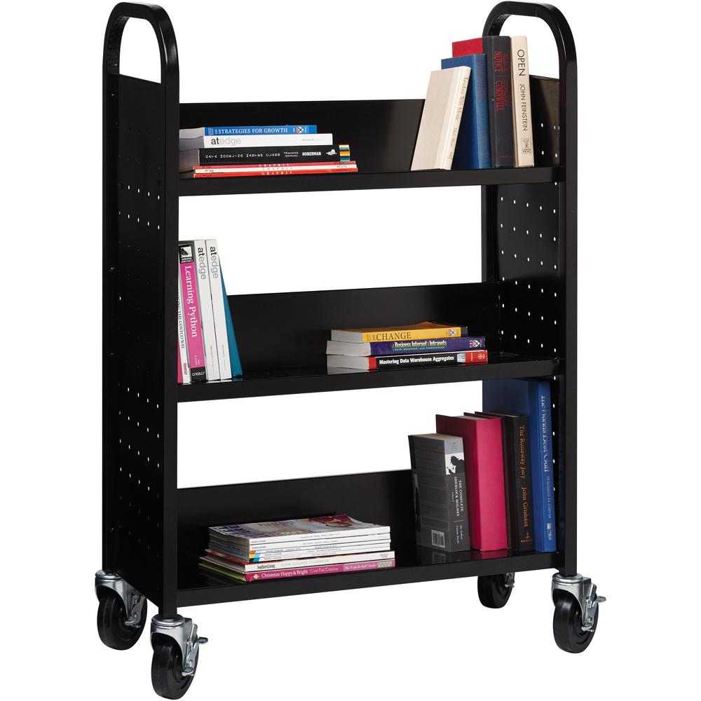 Lorell Single-sided Book Cart - 3 Shelf - Round Handle - 5" Caster Size - Steel - 32" Width x 14" Depth x 46" Height - Black - 1 Each. Picture 10