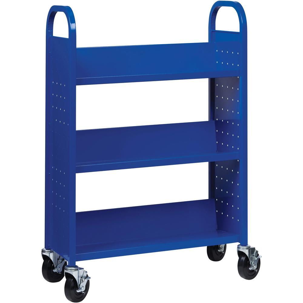 Lorell Single-sided Book Cart - 3 Shelf - Round Handle - 5" Caster Size - Steel - 32" Width x 14" Depth x 46" Height - Blue - 1 Each. Picture 7