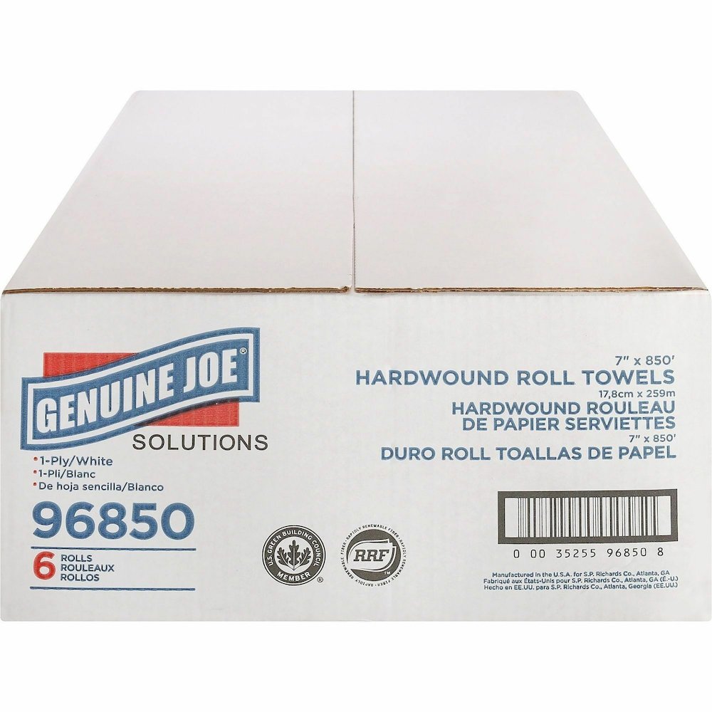 Genuine Joe Solutions Hardwound Paper Towels - 1 Ply - 7" Width x 850 ft Length - White - 65 / Pallet. Picture 13