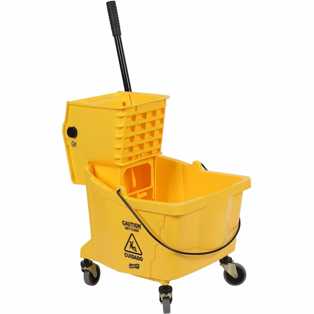 Genuine Joe 35-quart Side Press Mop Bucket & Wringer Combo - 8.75 gal - Caster - 21" x 16" x 14" - Yellow - 18 / Pallet. Picture 12