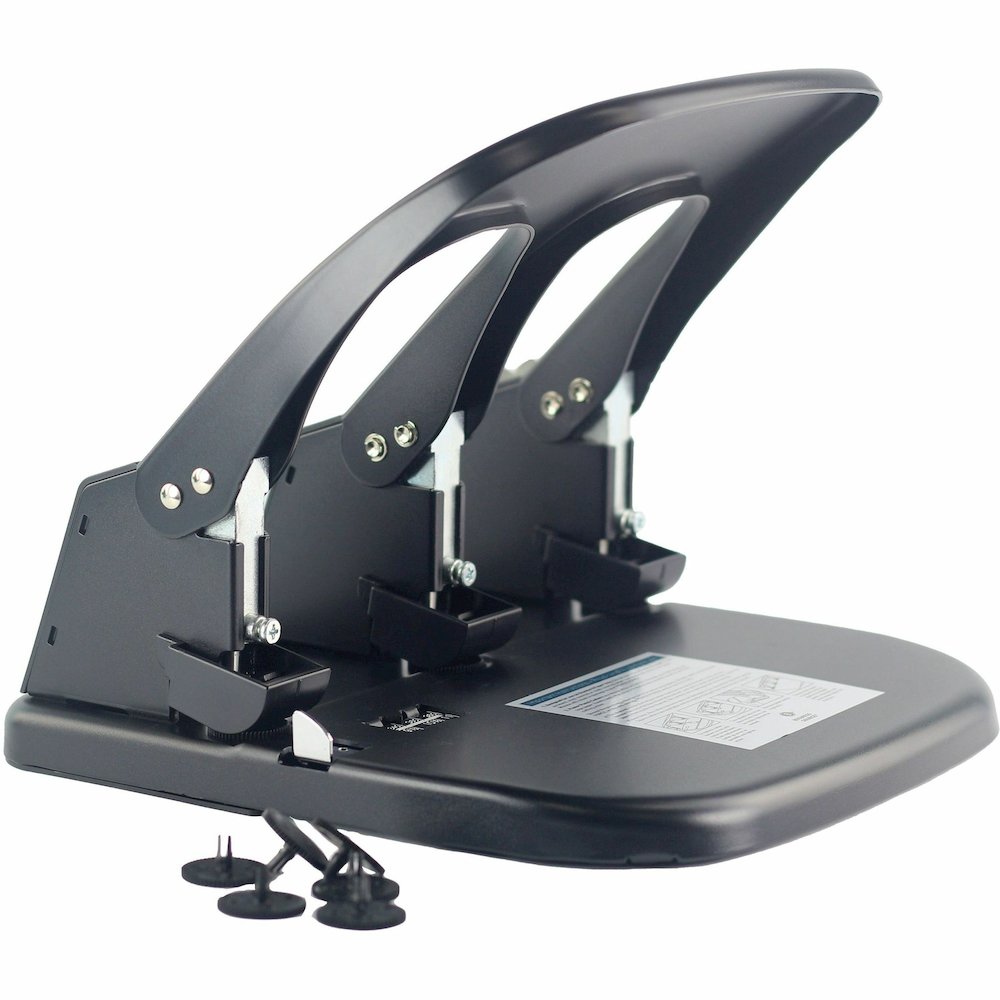Business Source Adjustable Three-hole Punch - 3 Punch Head(s) - 100 Sheet - Die-cast Metal - 10.2" Width x 10.4" Depth x 6.2" Height - Black. Picture 9
