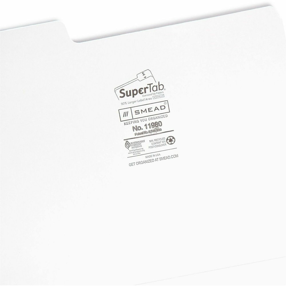 Smead SuperTab 1/3 Tab Cut Letter Recycled Top Tab File Folder - 8 1/2" x 11" - 3/4" Expansion - Assorted Tab Position - 11 pt. - White - Labeling Area, Sturdy, Durable - 10% Recycled - 100 / Box. Picture 9