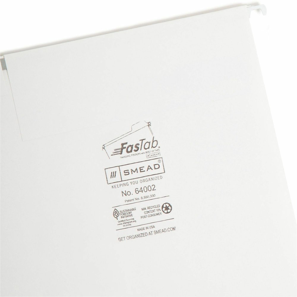 Smead FasTab 1/3 Tab Cut Letter Yes Hanging Folder - 8 1/2" x 11" - Assorted Tab Position - 11 pt. - White - Labeling Area, Write-on Tab, Reinforced Tab, Embossed Tab, Coated Rod Tip - 10% Recycled - . Picture 10
