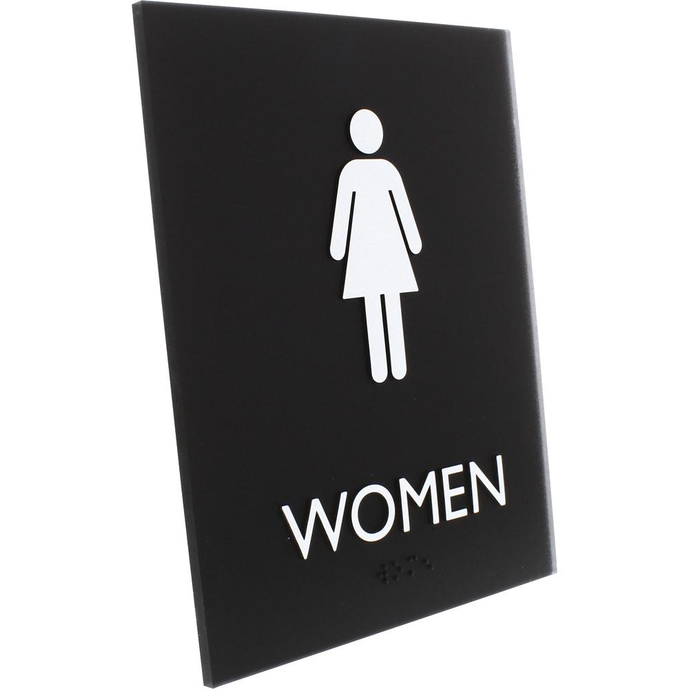Lorell Women's Restroom Sign - Print/Message "Women" - 6.4" Width x 8.5" Height - Rectangular Shape - Surface-mountable - Easy Readability, Braille - Plastic - Black - 1 Each. Picture 2