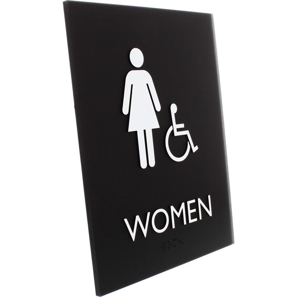Lorell Women's Handicap Restroom Sign - Print/Message "Women" - 6.4" Width x 8.5" Height - Rectangular Shape - Surface-mountable - Easy Readability, Braille - Plastic - Black - 1 Each. Picture 5