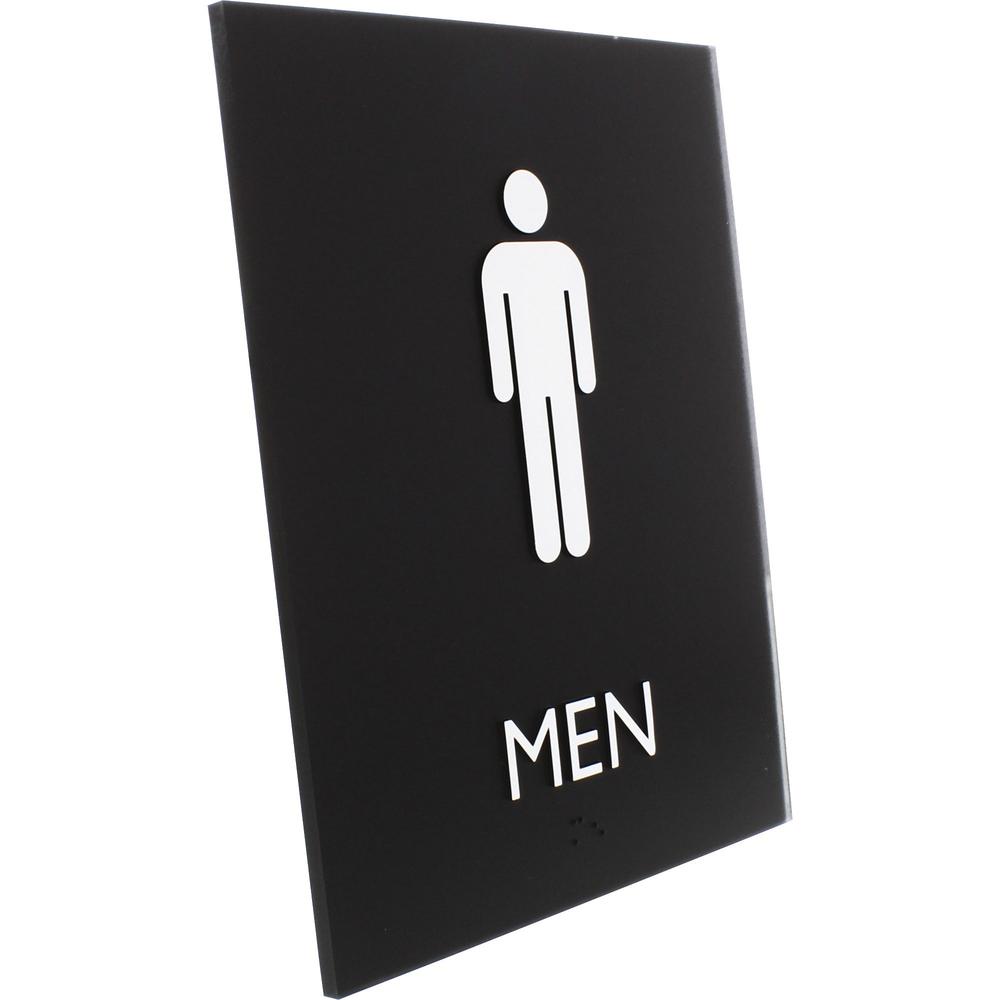 Lorell Men's Restroom Sign - Print/Message "Men" - 6.4" Width x 8.5" Height - Rectangular Shape - Surface-mountable - Easy Readability, Braille - Plastic - Black - 1 Each. Picture 5