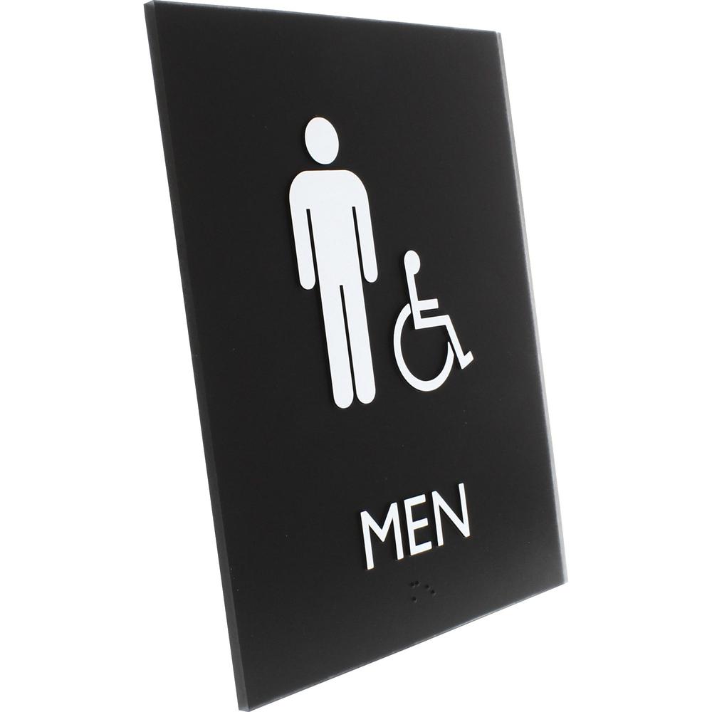 Lorell Men's Handicap Restroom Sign - Print/Message "Men" - 6.4" Width x 8.5" Height - Rectangular Shape - Surface-mountable - Easy Readability, Braille - Plastic - Black - 1 Each. Picture 2
