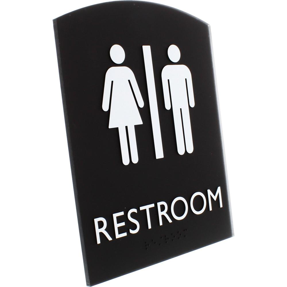 Lorell Arched Unisex Restroom Sign - 6.8" Width x 8.5" Height - Rectangular Shape - Surface-mountable - Easy Readability, Braille - Plastic - Black - 1 Each. Picture 4