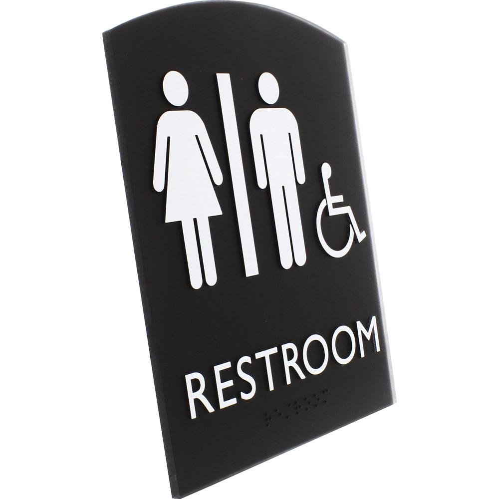Lorell Arched Unisex Handicap Restroom Sign - 6.8" Width x 8.5" Height - Rectangular Shape - Surface-mountable - Easy Readability, Braille - Plastic - Black - 1 Each. Picture 5