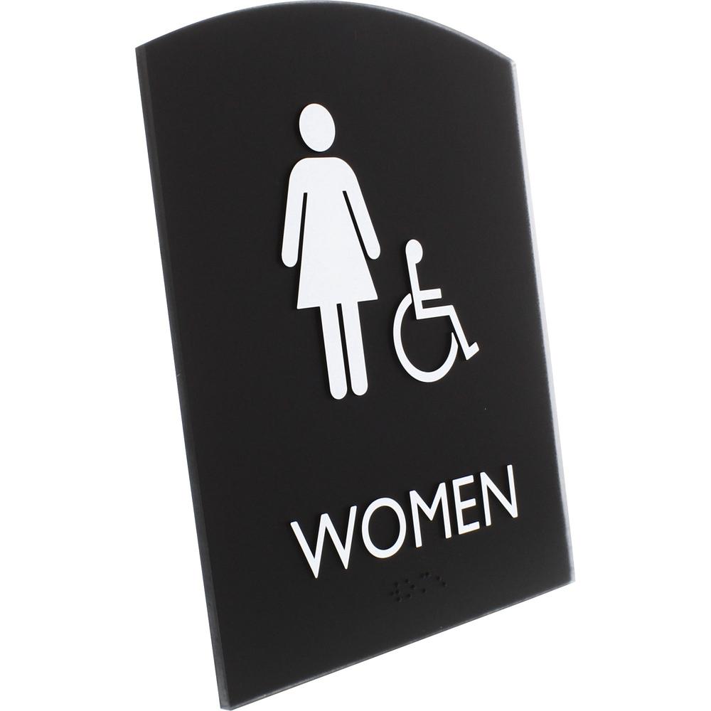 Lorell Arched Women's Handicap Restroom Sign - Print/Message "Women" - 6.8" Width x 8.5" Height - Rectangular Shape - Surface-mountable - Easy Readability, Braille - Plastic - Black - 1 Each. Picture 3