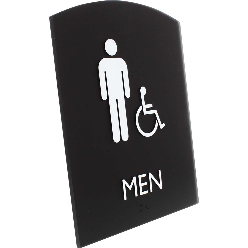 Lorell Arched Men's Handicap Restroom Sign - Print/Message "Men" - 6.8" Width x 8.5" Height - Rectangular Shape - Surface-mountable - Easy Readability, Braille - Plastic - Black - 1 Each. Picture 3