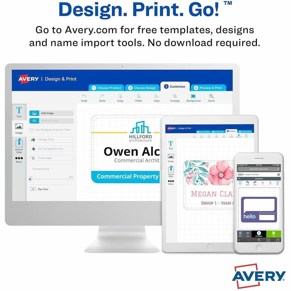 Avery&reg; Flexible Name Badges, 2-1/3" x 3-3/8" , Matte, 80ct (25395) - x 2 21/64" Width x 3 3/8" Length - Removable Adhesive - Rectangle - Inkjet, Laser - Matte - White - Film - 8 / Sheet - 10 Total. Picture 13