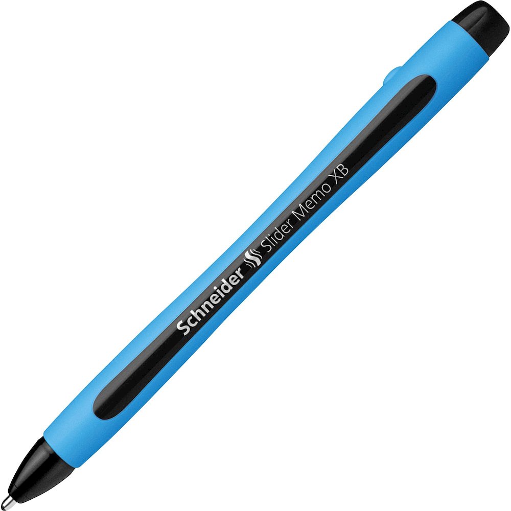 Schneider Slider Memo XB Ballpoint Pen - Black Ink - Black Rubberized, Light Blue Barrel - Stainless Steel Tip - 10 / Pack. Picture 10