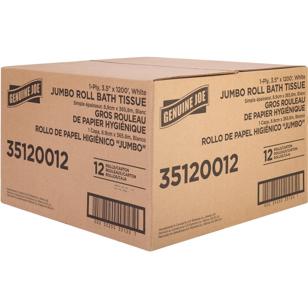 Genuine Joe 1-ply Jumbo Roll Bath Tissue - 1 Ply - 3.63" Width x 1200 ft Length - 8.88" Roll Diameter - White - Fiber - 12 / Carton. Picture 9