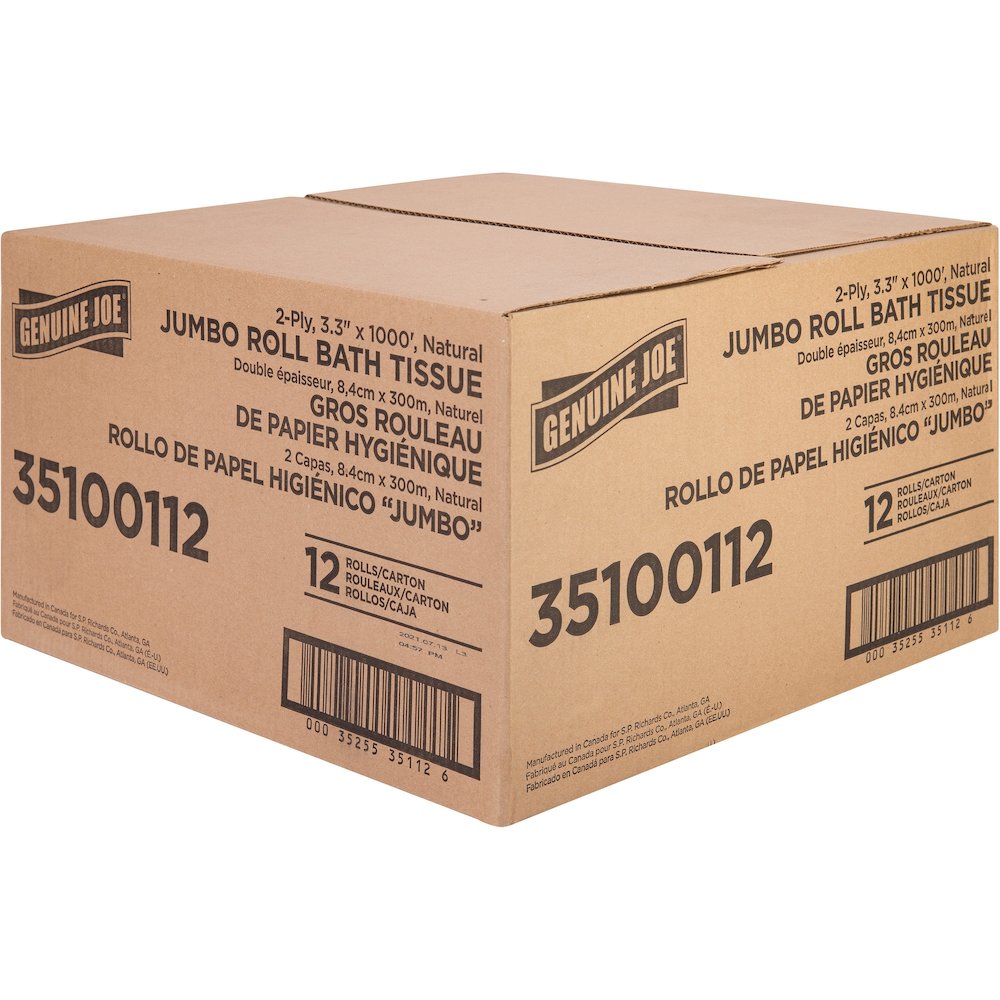 Genuine Joe Jumbo Jr Dispenser Bath Tissue Roll - 2 Ply - 3.30" Width x 1000 ft Length - 8.88" Roll Diameter - White - Fiber - 12 / Carton. Picture 11