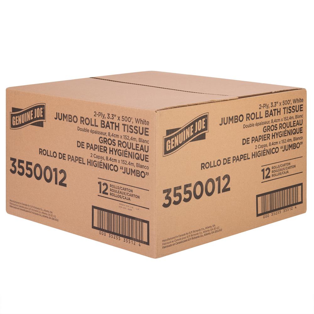 Genuine Joe Jumbo Jr Dispenser Bath Tissue Roll - 2 Ply - 3.30" Width x 500 ft Length - 8.88" Roll Diameter - White - Fiber - 12 / Carton. Picture 10