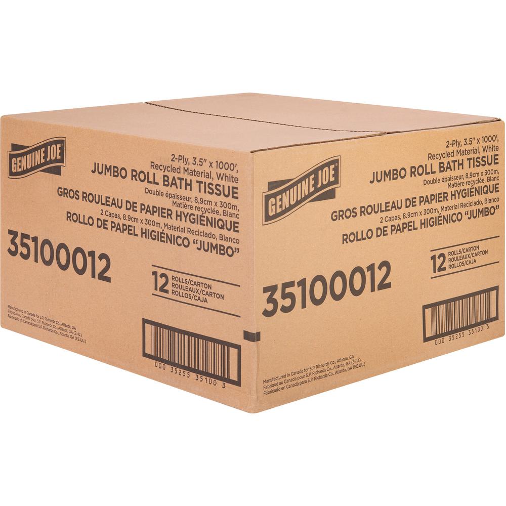 Genuine Joe Jumbo Jr Dispenser Bath Tissue Roll - 2 Ply - 3.50" Width x 1000 ft Length - 8.88" Roll Diameter - White - Fiber - 12 / Carton. Picture 6
