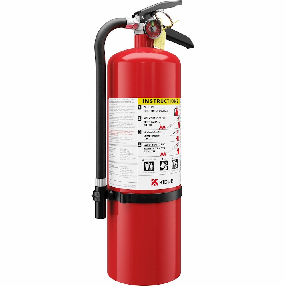 Kidde Pro 10 MP-1 Fire Extinguisher - 10 lb Capacity - A: Common Combustibles, B: Flammable Liquids, C: Live Electrical Equipment - Rechargeable, Safety Pin - Red. Picture 6