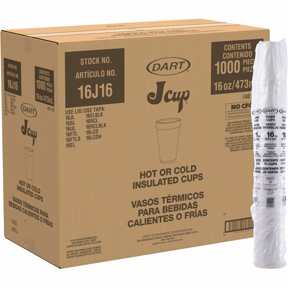 Dart J Cup 16 oz Insulated Foam Cups - 16 fl oz - White - Foam - Cold Drink, Hot Drink, Soft Drink - 25/Bag - 40 / Carton. Picture 11