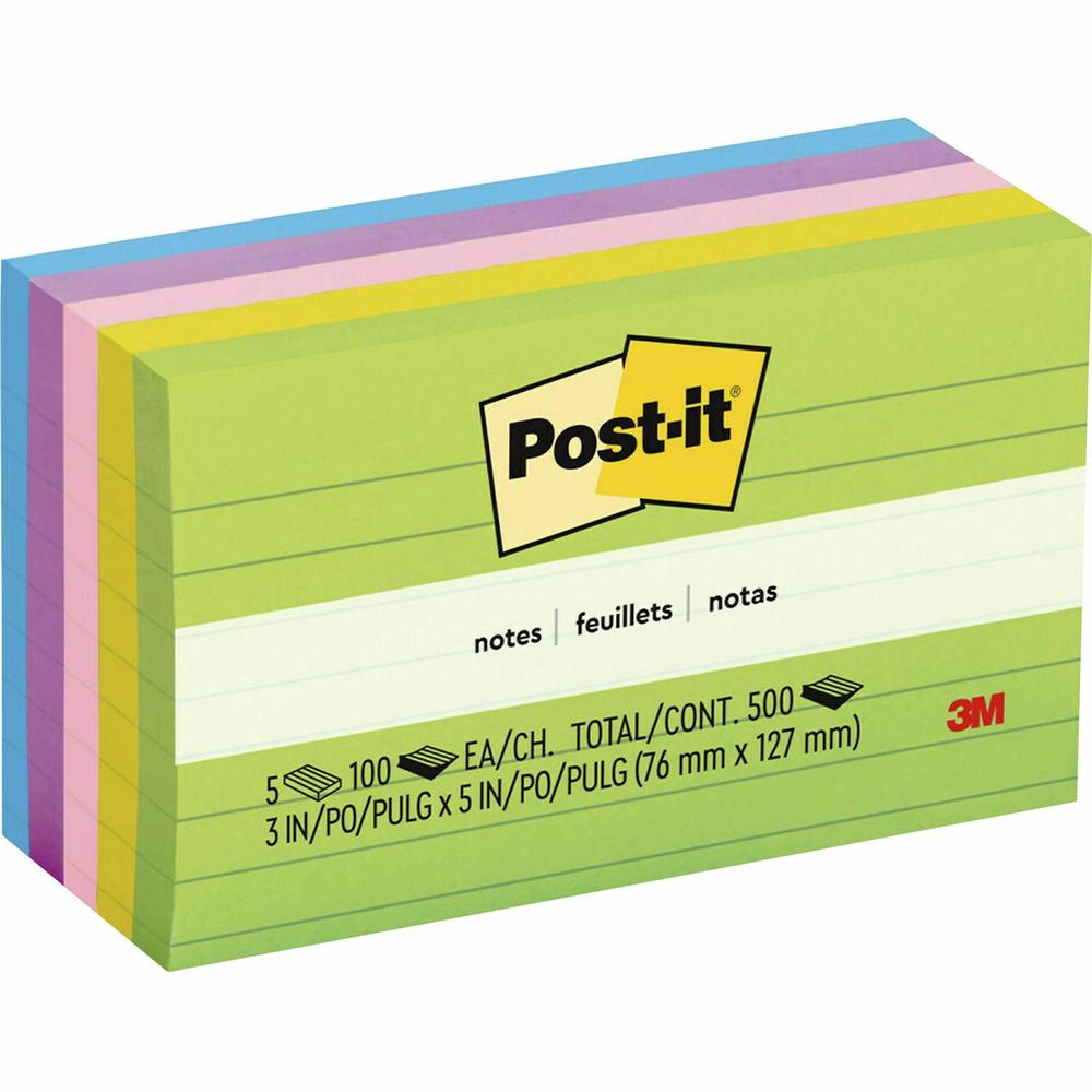 Post-it&reg; Notes Original Lined Notepads - Floral Fantasy Color Collection - 500 - 3" Flag/Note Width x 5" Flag/Note Length - Rectangle - 100 Sheets per Pad - Ruled - Limeade, Citron, Positively Pin. Picture 5