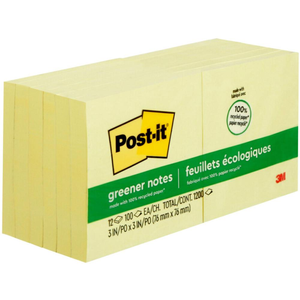 Post-it&reg; Greener Notes - 1200 - 3" Flag/Note Width x 3" Flag/Note Length - Square - 100 Sheets per Pad - Unruled - Canary Yellow - Paper - Self-adhesive, Repositionable - Recycled - 1 Pack. Picture 3