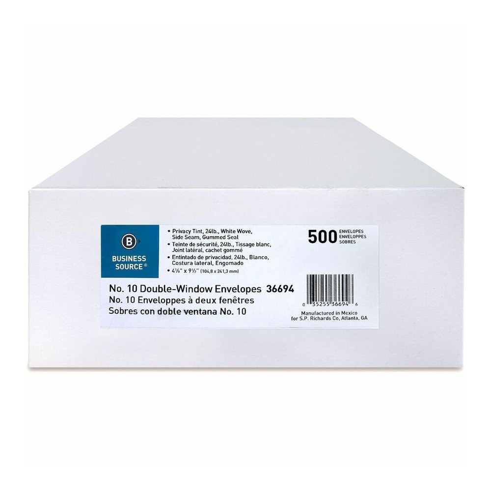Business Source No. 10 Double-Window Invoice Envelopes - Double Window - #10 - 9 1/2" Width x 4 1/8" Length - 24 lb - Gummed - White - Wove - 1 Box. Picture 13
