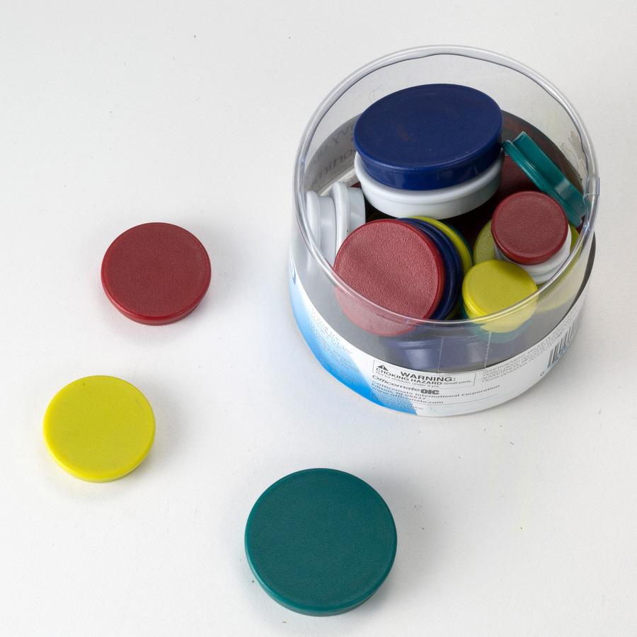 Officemate Heavy-Duty Assorted Magnets - 12 x Small, 12 x Medium, 6 x Large - 1 Each - Red, Yellow, White, Blue, Green. Picture 4